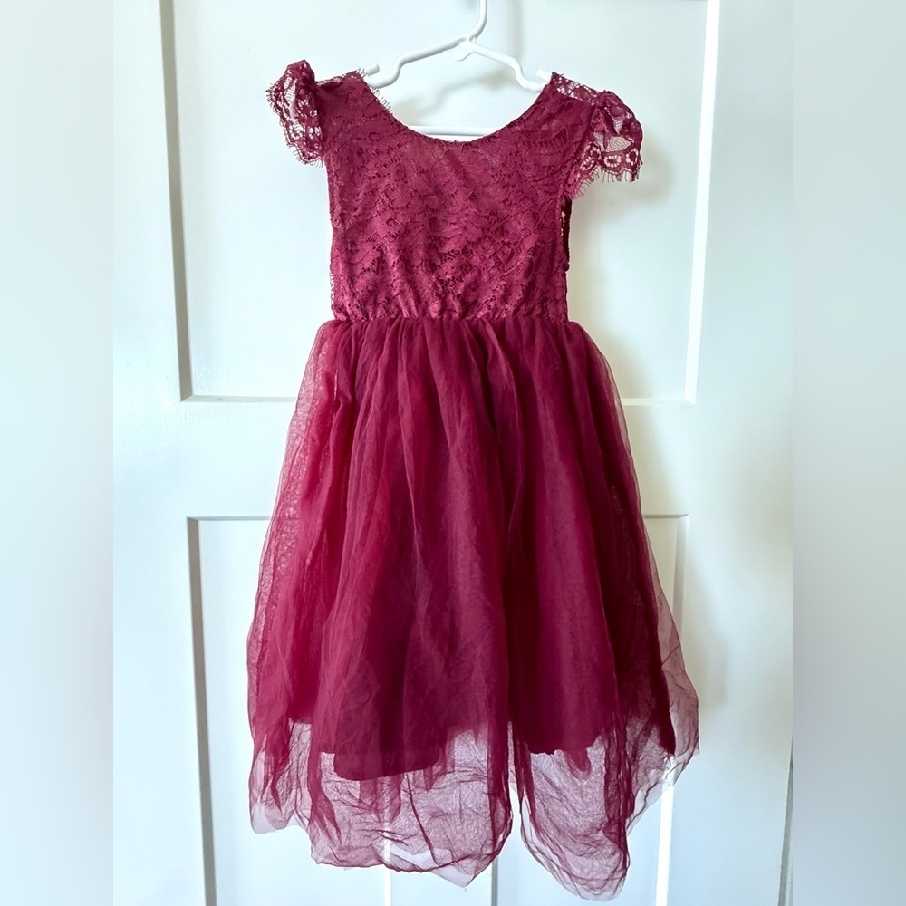 Girls Burgundy Lace & Tulle Party Dress | Size 100 (2–3T) ✨